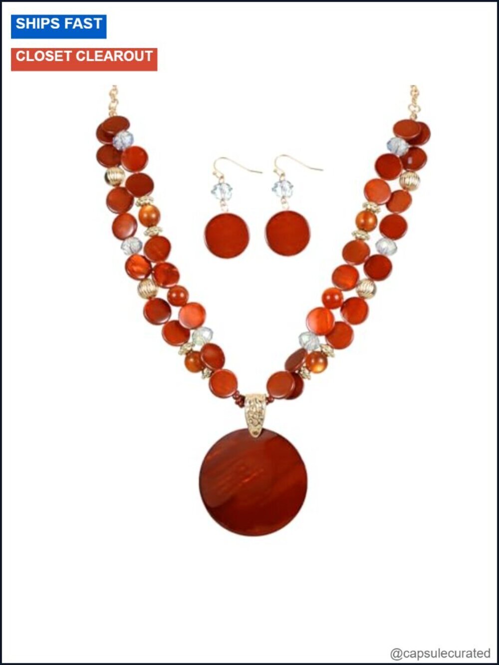 Layered Beads Statement Necklace & Earring Set Chunky Shell Pendant